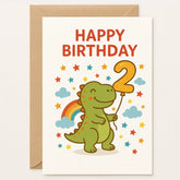 2nd Birthday Card – Dinosaur T-Rex & Rainbow Card - Greeting Card